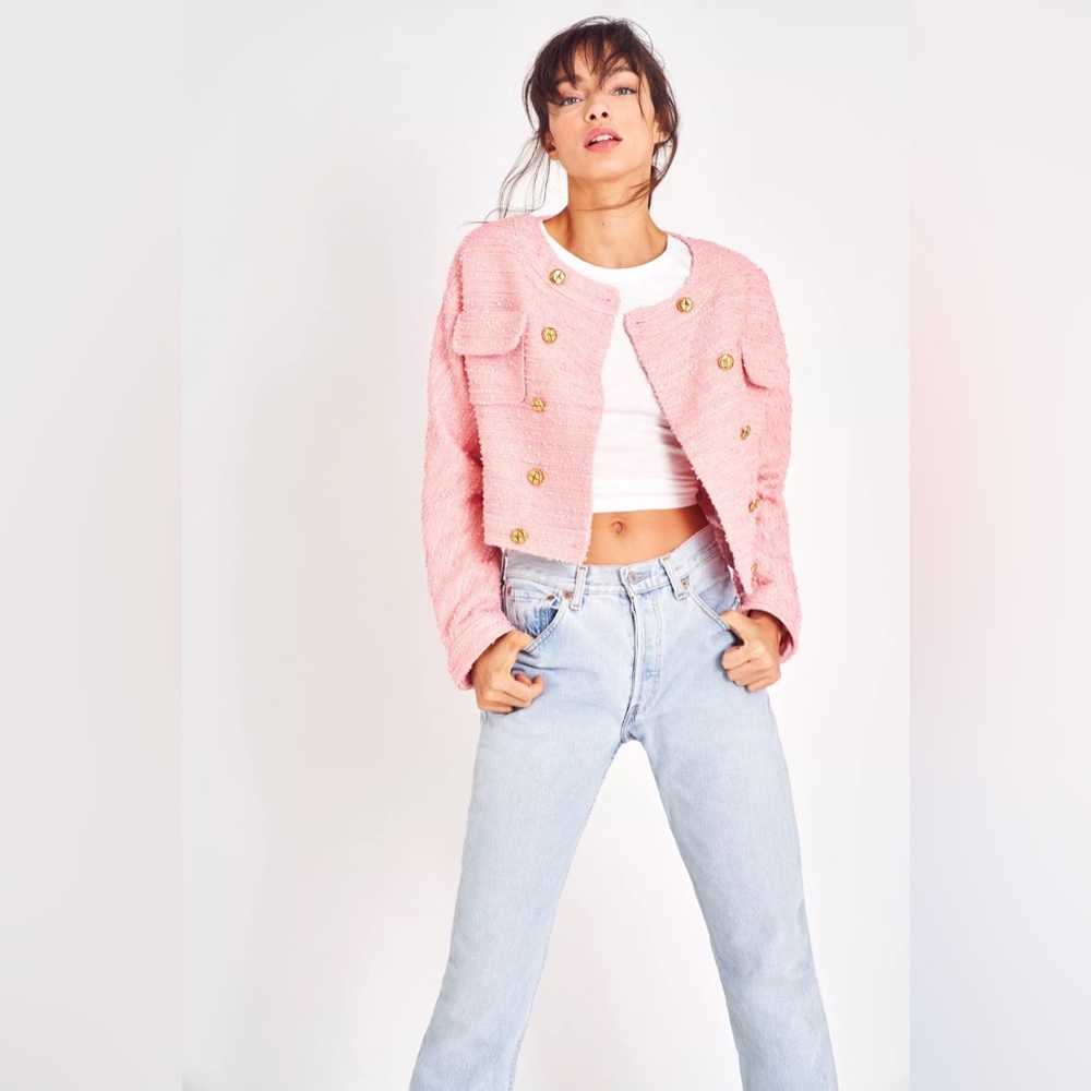 NWT $595 Love Shack Fancy Keiran jacket in pink with gold buttons